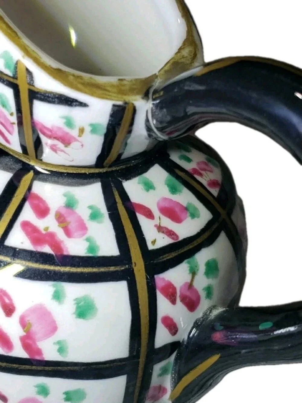 Vtg Handpainted Black Gold Floral Checkered Pitcher Vase